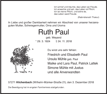 Traueranzeige von Ruth Paul von Siegener Zeitung