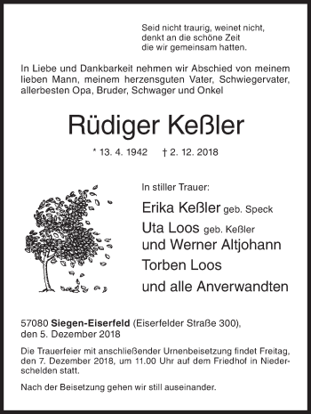 Traueranzeige von Rüdiger Keßler von Siegener Zeitung
