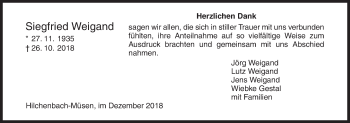 Traueranzeige von Siegfried Weigand von Siegener Zeitung
