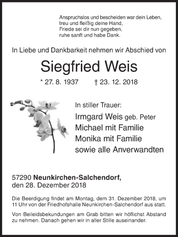 Traueranzeige von Siegfried Weis von Siegener Zeitung