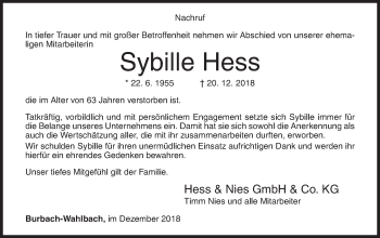 Traueranzeige von Sybille Hess von Siegener Zeitung