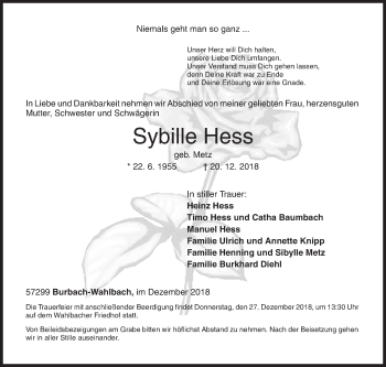 Traueranzeige von Sybille Hess von Siegener Zeitung