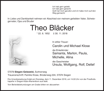 Traueranzeige von Theo Bläcker von Siegener Zeitung