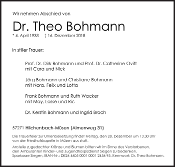 Traueranzeige von Theo Bohmann von Siegener Zeitung