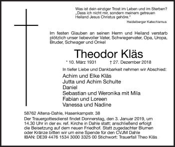 Traueranzeige von Theodor Kläs von Siegener Zeitung