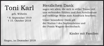 Traueranzeige von Toni Karl von Siegener Zeitung