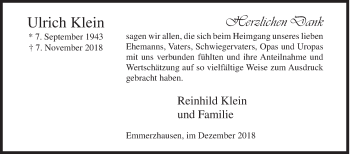 Traueranzeige von Ulrich Klein von Siegener Zeitung