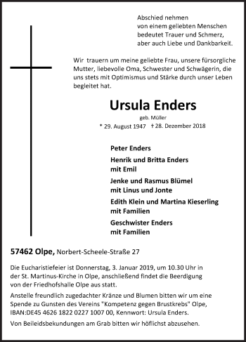 Traueranzeige von Ursula Enders von Siegener Zeitung