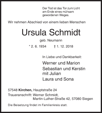Traueranzeige von Ursula Schmidt von Siegener Zeitung