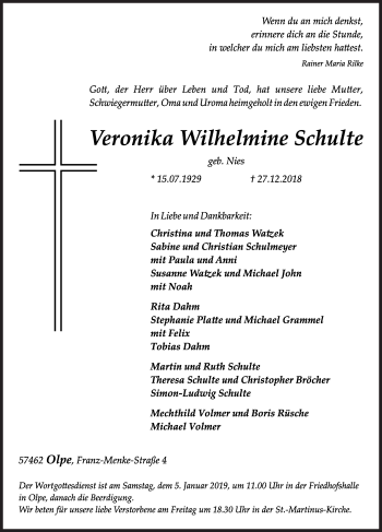 Traueranzeige von Veronika Wilhelmine Schulte von Siegener Zeitung