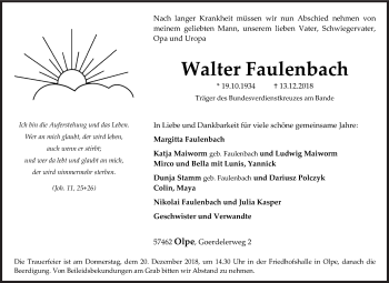Traueranzeige von Walter Faulenbach von Siegener Zeitung