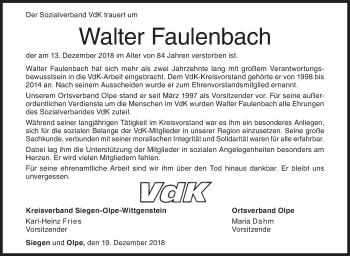Traueranzeige von Walter Faulenbach von Siegener Zeitung