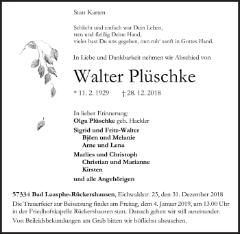 Traueranzeige von Walter Plüschke von Siegener Zeitung
