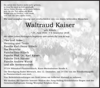 Traueranzeige von Waltraud Kaiser von Siegener Zeitung