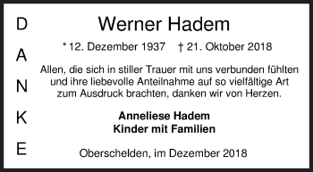 Traueranzeige von Werner Hadem von Siegener Zeitung