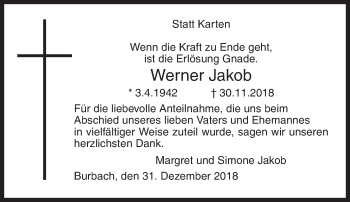 Traueranzeige von Werner Jakob von Siegener Zeitung