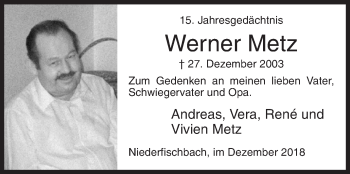 Traueranzeige von Werner Metz von Siegener Zeitung