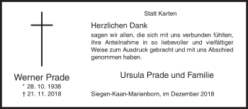 Traueranzeige von Werner Prade von Siegener Zeitung