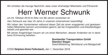 Traueranzeige von Werner Schwunk von Siegener Zeitung