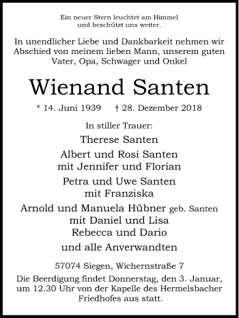Traueranzeige von Wienand Santen von Siegener Zeitung