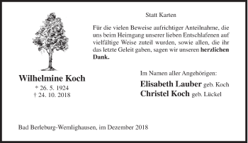 Traueranzeige von Wilhelmine Koch von Siegener Zeitung
