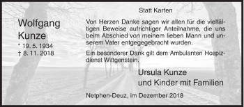 Traueranzeige von Wolfgang Kunze von Siegener Zeitung