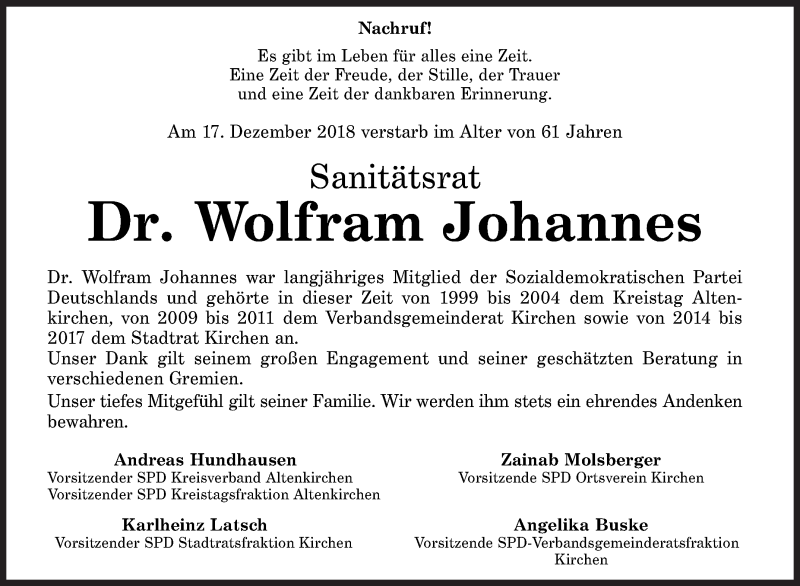  Traueranzeige für Wolfram Johannes vom 20.12.2018 aus Siegener Zeitung