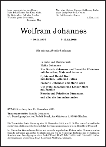 Traueranzeige von Wolfram Johannes von Siegener Zeitung