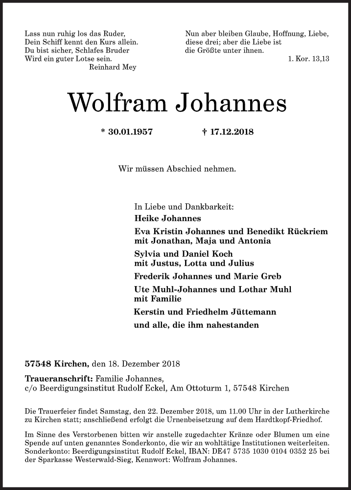  Traueranzeige für Wolfram Johannes vom 18.12.2018 aus Siegener Zeitung