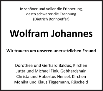 Traueranzeige von Wolfram Johannes von Siegener Zeitung