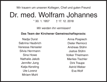 Traueranzeige von Wolfram Johannes von Siegener Zeitung