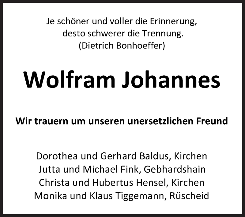  Traueranzeige für Wolfram Johannes vom 21.12.2018 aus Siegener Zeitung