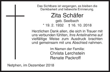 Traueranzeige von Zita Schäfer von Siegener Zeitung