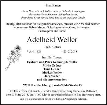 Traueranzeige von Adelheid Weller von Siegener Zeitung