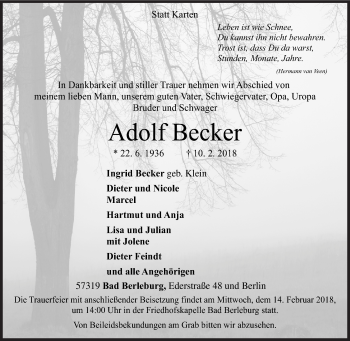 Traueranzeige von Adolf Becker von Siegener Zeitung