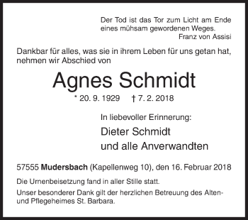 Traueranzeige von Agnes Schmidt von Siegener Zeitung