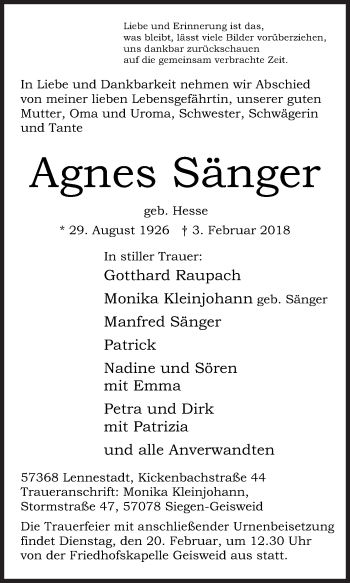 Traueranzeige von Agnes Sänger von Siegener Zeitung