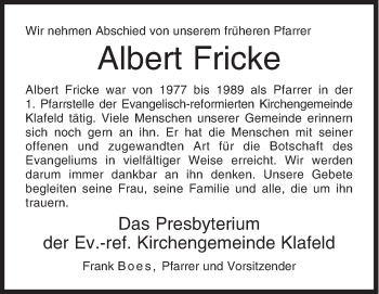 Traueranzeige von Albert Fricke von Siegener Zeitung
