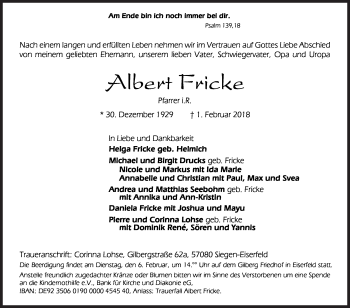 Traueranzeige von Albert Fricke von Siegener Zeitung