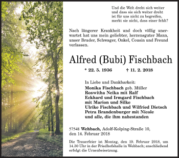 Traueranzeige von Alfred Fischbach von Siegener Zeitung