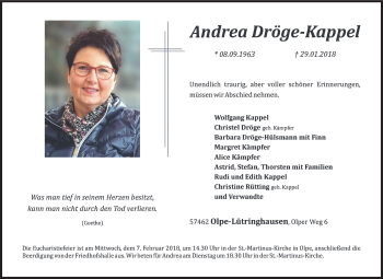 Traueranzeige von Andrea Dröge-Kappel von Siegener Zeitung