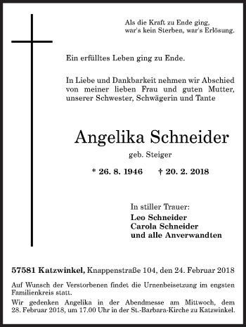Traueranzeige von Angelika Schneider von Siegener Zeitung