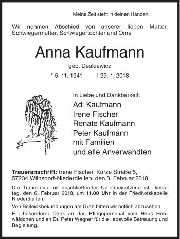Traueranzeige von Anna Kaufmann von Siegener Zeitung