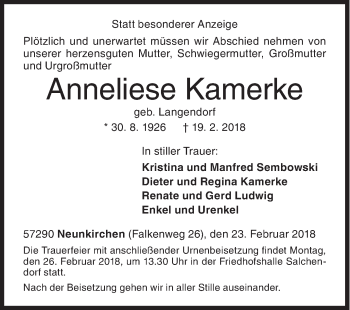 Traueranzeige von Anneliese Kamerke von Siegener Zeitung