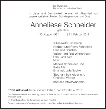 Traueranzeige von Anneliese Schneider von Siegener Zeitung