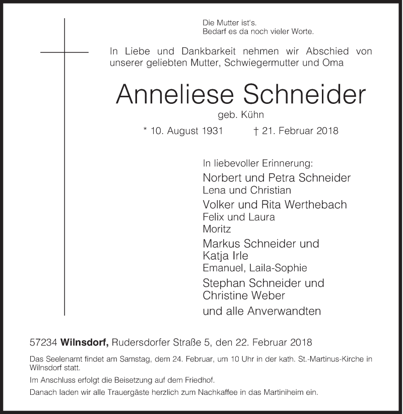  Traueranzeige für Anneliese Schneider vom 22.02.2018 aus Siegener Zeitung