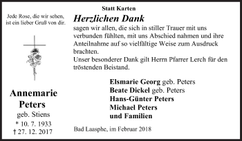 Traueranzeige von Annemarie Peters von Siegener Zeitung