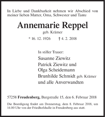 Traueranzeige von Annemarie Reppel von Siegener Zeitung