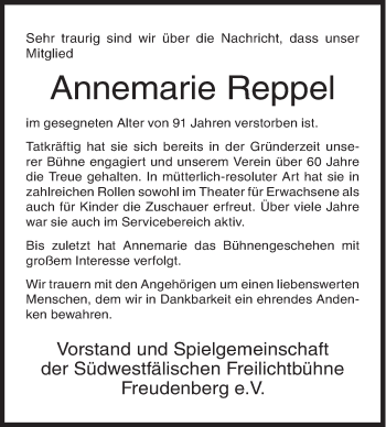 Traueranzeige von Annemarie Reppel von Siegener Zeitung