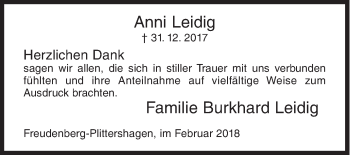 Traueranzeige von Anni Leidig von Siegener Zeitung
